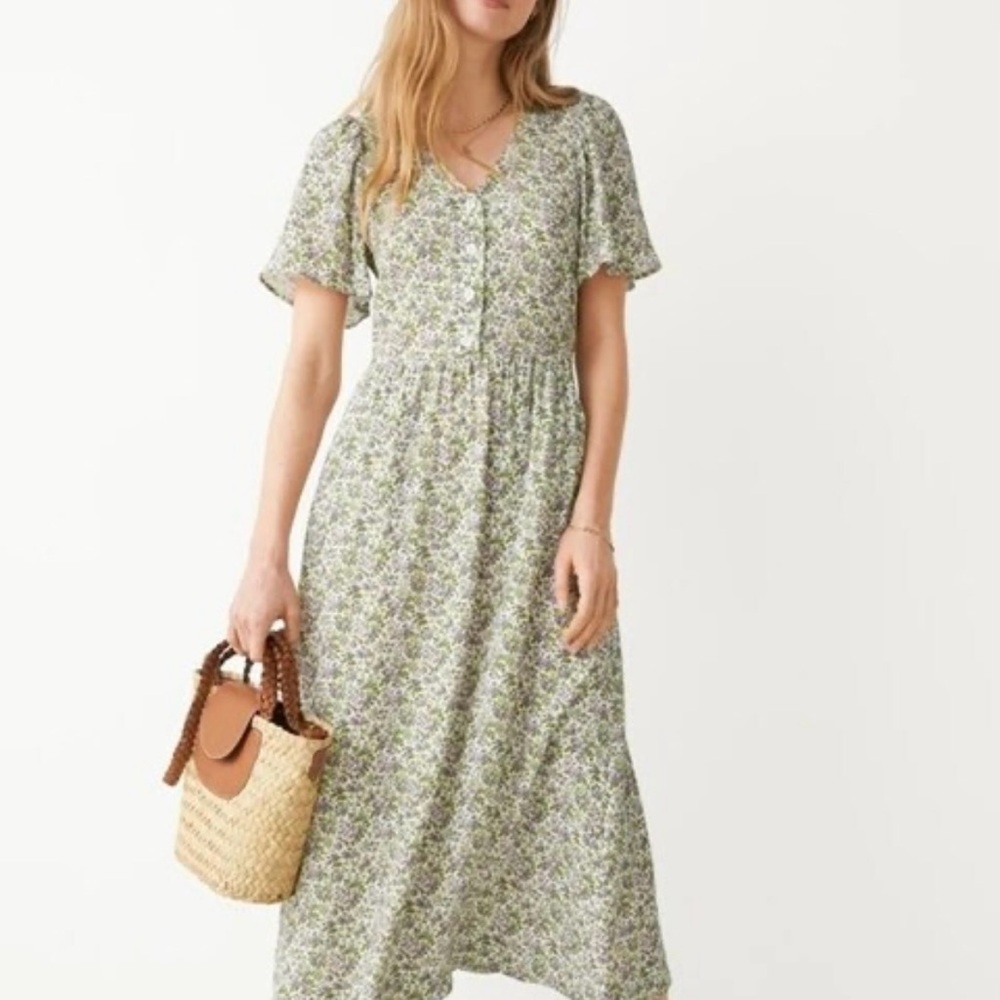 & Other Stories floral midi dress flutter sleeves pocket Vneck button chest sz 2